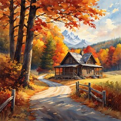 a landscape of a wooden house at the edge of the road that takes to the forest