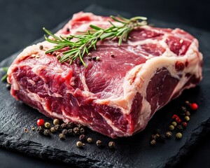Obraz premium Raw mutton shoulder meat with spices on black stone background Large closeup piece