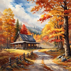 a painting in fall of a cabin in the woods with a fence and trees in the background