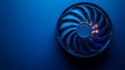 A blue fan with a blue background. The fan is lit up with a yellow light