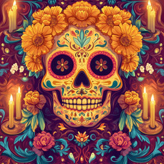 Illustration of colorful sugar skull with marigold flowers and candles.