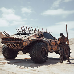 Post-Apocalyptic Spiked Vehicle in Desert – Rusty Armored Car with Heavy Tires"