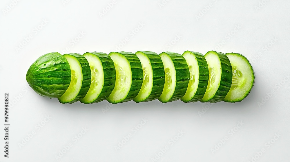 Wall mural a cucumber cut in half and arranged in a spiral on a white plate with a mirrored image of the entire