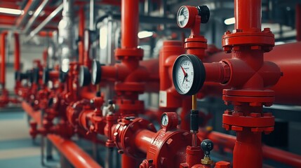 Obraz premium Close-up of red industrial pipes with pressure gauges