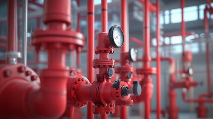 Red Industrial Pipes with Pressure Gauges in a Factory Setting