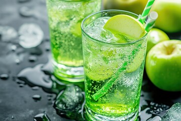 Refreshing summer drinks with green apple syrup yuppi candy and ice