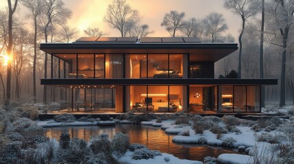 Creative Modern Glass House in Winter Wonderland at Sunrise.