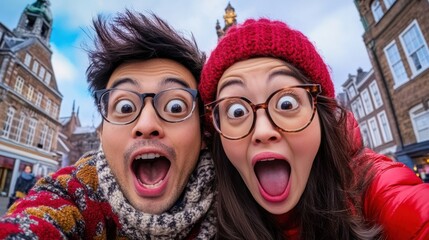 A couple of a man and woman are taking selfies, AI