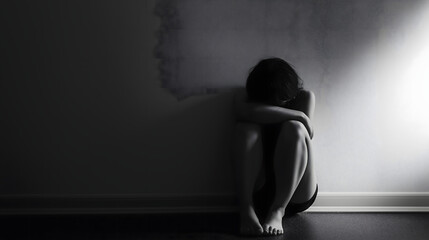 Black and white image of a person sitting alone in a dark room with their knees drawn up to their chest and their head resting on their arms, conveying deep sadness, isolation and emotional distress.