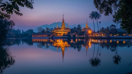 Fototapeta premium Serene Evening at a Tranquil Temple by the Water, Bathed in Golden Light and Reflection