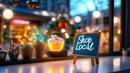 A window display of a small gift shop with holiday decor and a prominent "Shop Local" sign, encouraging support for the community.