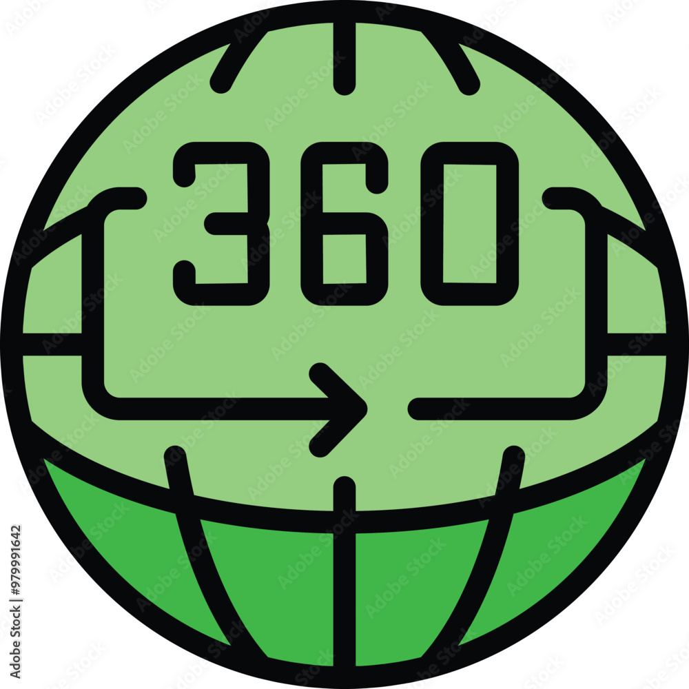 Poster green globe with a 360 degrees arrow sign representing virtual reality technology and global connect