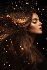 Beautiful woman with long, flowing brown hair, with golden glitter floating around her. Black background. 