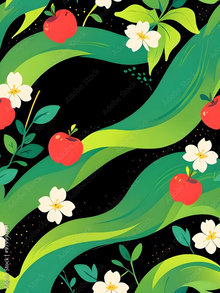 Poster Apple Blossoms and Leaves Illustration