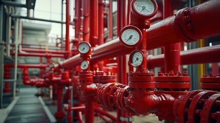 Red Industrial Pipes and Gauges in a Factory Setting