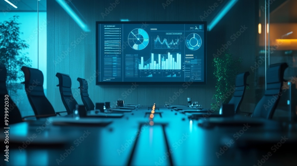 Poster a sleek boardroom features a large digital display showcasing data analytics, with dark furniture an