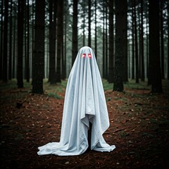Naklejka premium Person Dressed as a scary Ghost in a White Sheet for Halloween in a Spooky, Festive Setting