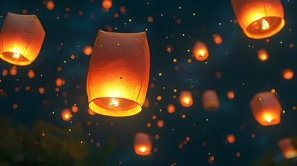 Obraz premium Orange lanterns floating in night sky celebration
