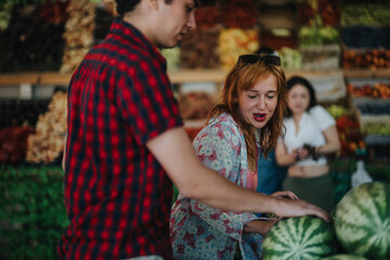 A group of friends enjoys shopping for fresh fruits and vegetables at a colorful local market,...
