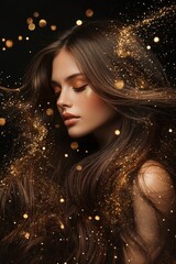 Beautiful woman with long, flowing brown hair, with golden glitter floating around her. Black background. 