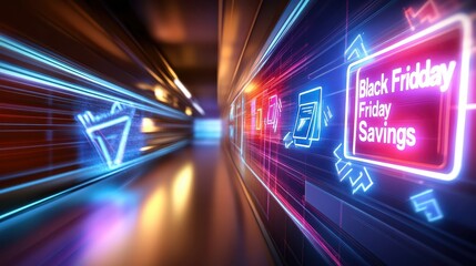 An animated "Black Friday Savings" banner with flashing neon lights and deep discount percentages for online promotions.