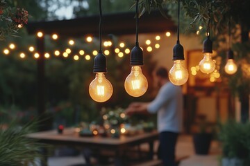 A cozy evening ambiance captured in an outdoor patio setting, featuring vintage-style Edison bulb string lights glowing warmly.