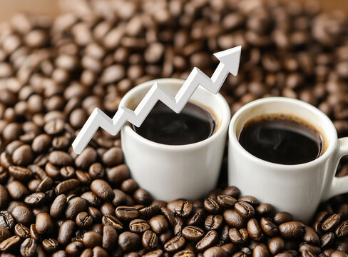 coffee beans with chart growth and cup