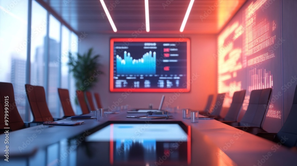 Poster a contemporary conference room features a large presentation screen displaying financial graphs