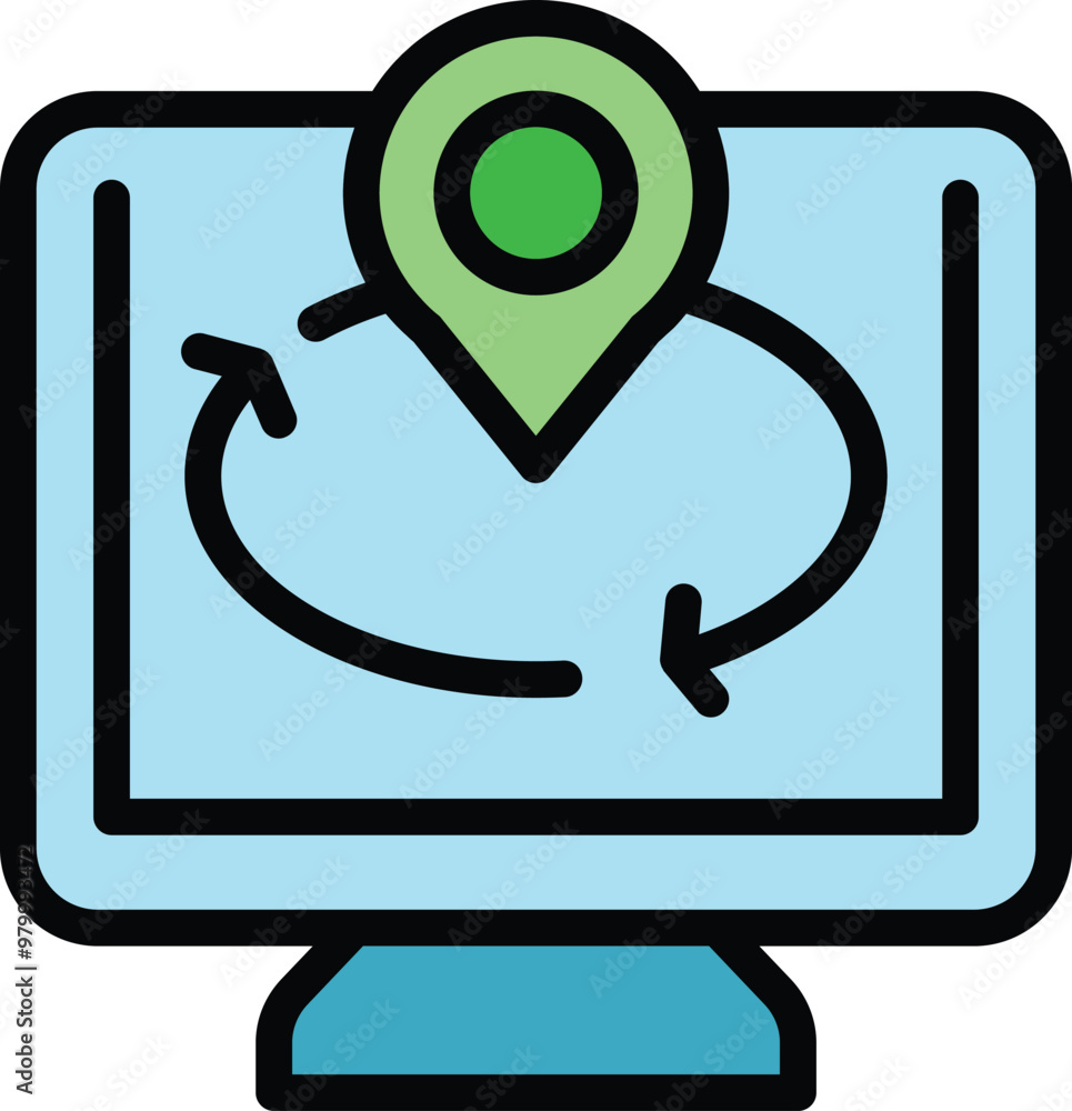 Poster computer screen displaying a map with a location pin and circular arrows, symbolizing real time trac