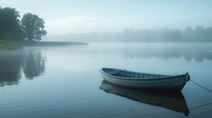 A tranquil boat on calm waters, surrounded by misty trees at sunrise. Peaceful morning by the lake in soft, serene colors.
