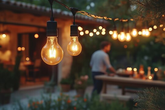 A cozy evening ambiance captured in an outdoor patio setting, featuring vintage-style Edison bulb string lights glowing warmly. - Powered by Adobe