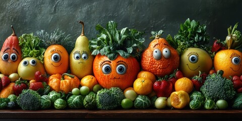 The engaging cityscape where colorful fruits with faces add a touch of whimsy and excitement to daily urban life