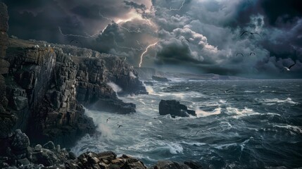 Fototapeta premium Stormy Seascape with Crashing Waves and Dark Clouds Over Rocky Cliffs