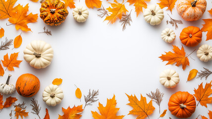A vibrant autumnal arrangement featuring pumpkins, leaves, and pine cones. Perfect for seasonal designs and social media posts.