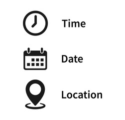 Time, date and address icon set. Calendar, clock, location. Editable stroke. Linear vector outline illustration. Vector illustration.