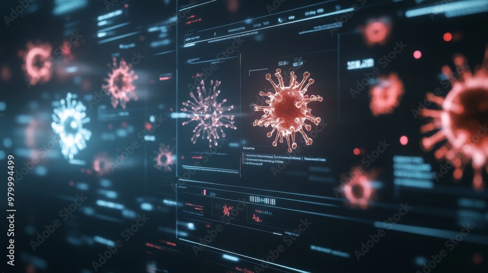 Poster A digital screen displays a 3D model of a virus. The virus is red and has spikes. The screen is dark blue and has white lines on it. There are other viruses in the background.