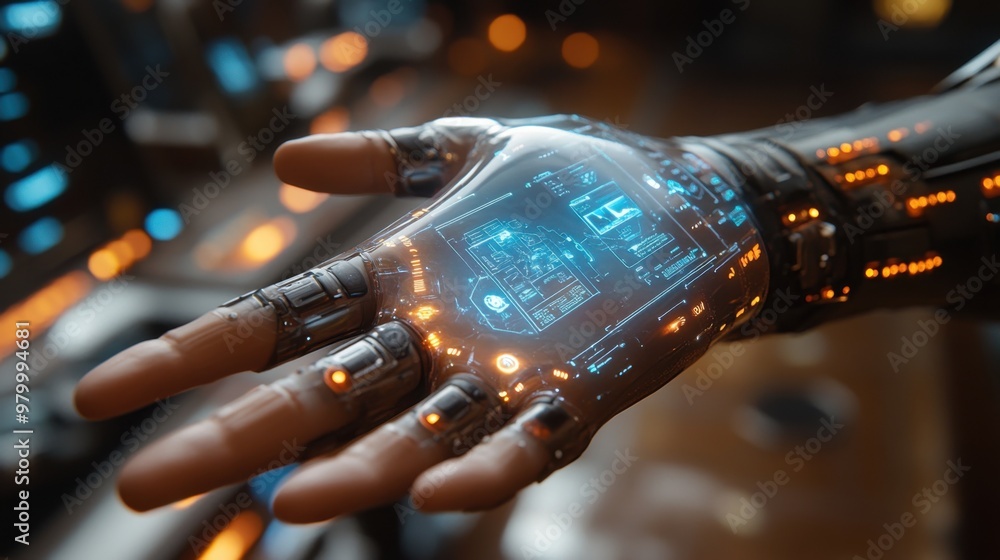 Poster creative advanced cybernetic hand with futuristic technology interface in high-tech setting.