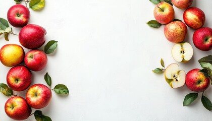 Top view of apple cider vinegar and organic apples on white background with copy space promoting healthy lifestyle