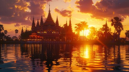 Obraz premium Stunning Sunset Over Serene Water with Majestic Temple Silhouette