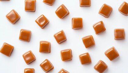 Top view of caramel candies on white background