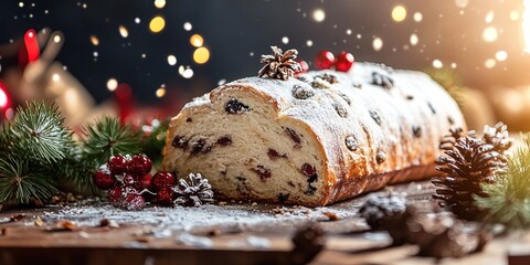Christmas stollen - fruitcake bread for the holiday on wooden cutting board
