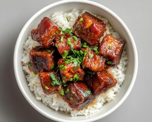 Fototapeta premium Top view of Hong Kong food Braised Pork Trotter with Rice in dish on grey background