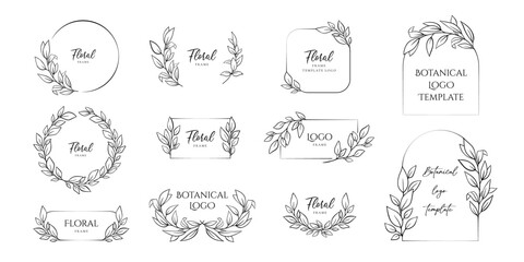 Hand drawn floral frames with flowers, branch and leaves. Elegant logo template. Delicate botanical borders and wreaths in line art and silhouette style. Vector illustration for invitation, card, logo