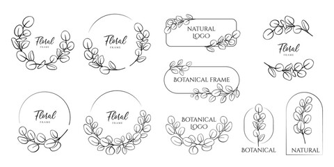 Hand drawn floral frames with flowers, branch and leaves. Elegant logo template. Delicate botanical borders and wreaths in line art and silhouette style. Vector illustration for invitation, card, logo