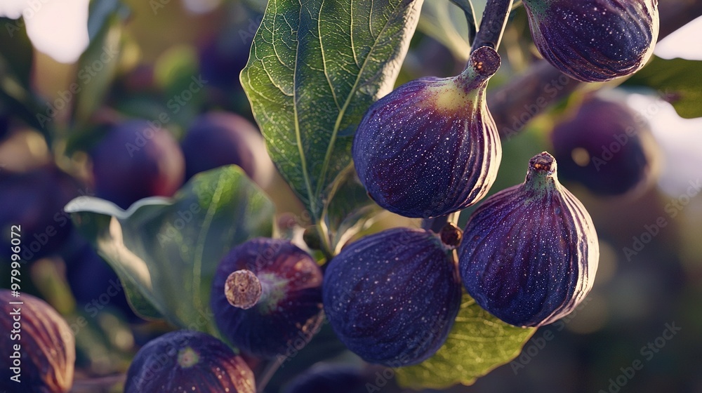 Wall mural   A detailed image of figs on a tree branch with leafy background and water-kissed fruits