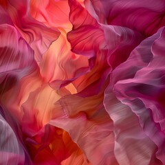 Vibrant swirls of pink and orange create a mesmerizing pattern that resembles delicate layers of petals. The soft, flowing forms appear illuminated, adding depth and warmth