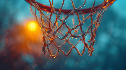 Empty Swooshing Basketball Net rim. detail close up with blurred court background.