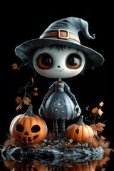 Adorable Halloween Witch with Pumpkins and Autumn Decorations