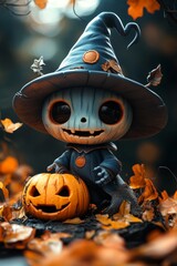 Naklejka premium Adorable Halloween Witch with Pumpkins and Autumn Decorations
