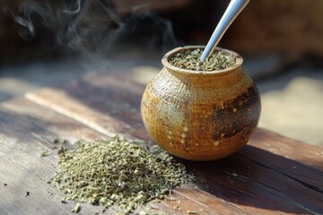 Traditional mate on wooden table with mate scattered